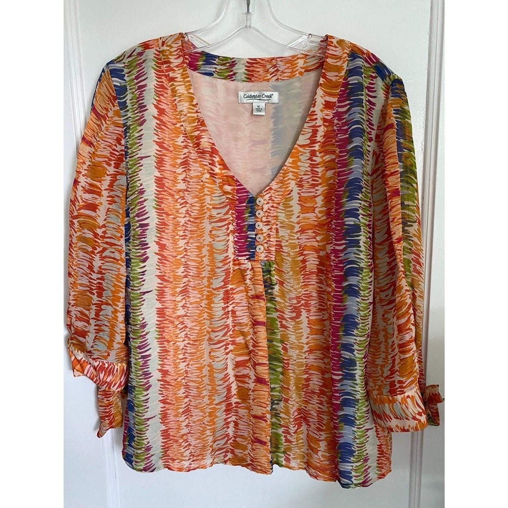 Coldwater Creek Blouse Womens XL Orange Abstract Silk Boho 3/4 Sleeve V-Neck Top
